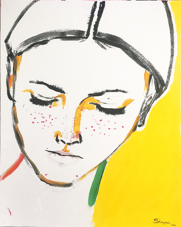 Peinture à l'acrylique aux couleurs vives sur fond blanc d'une jeune femme au regard abaissé